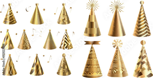Golden party hats with pattern of stripes, wavy lines, dots and scale. Mockup of gold caps for birthday, Christmas, festive celebration