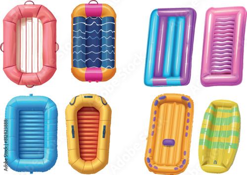 Inflatable water mattress for pool top view, rubber rafts, accessory mockups. Colorful summertime beach beds for swimming and floating activity
