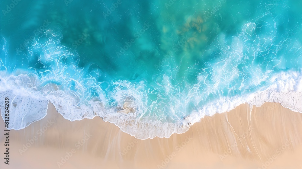 Fototapeta premium Relaxing aerial beach scene summer vacation holiday template banner Waves surf with amazing blue ocean lagoon sea shore coastline Perfect aerial drone top view Peaceful bright beach se : Generative AI