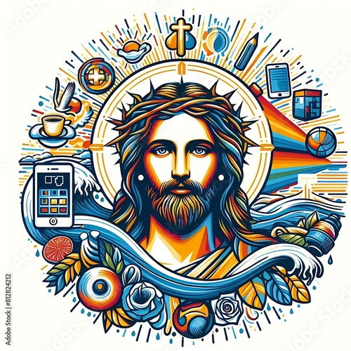 A colorful illustration of a jesus christ with a crown of thorns realistic harmony card design illustrator.