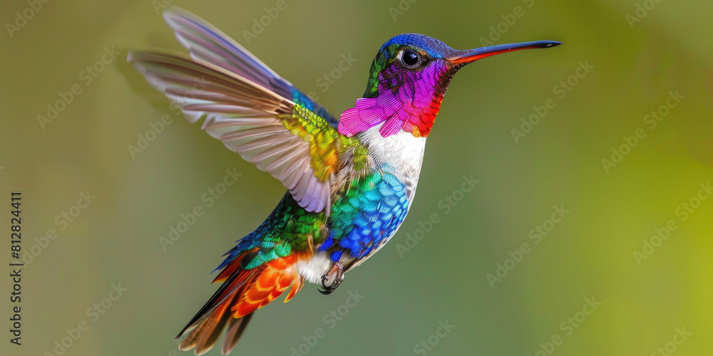 Macro shot of a colorful hummingbird hovering mid-air, displaying its vibrant feathers and delicate wings Macro shot of a colorful hummingbird hovering mid-air, displaying its vibrant feathers and delicate wings