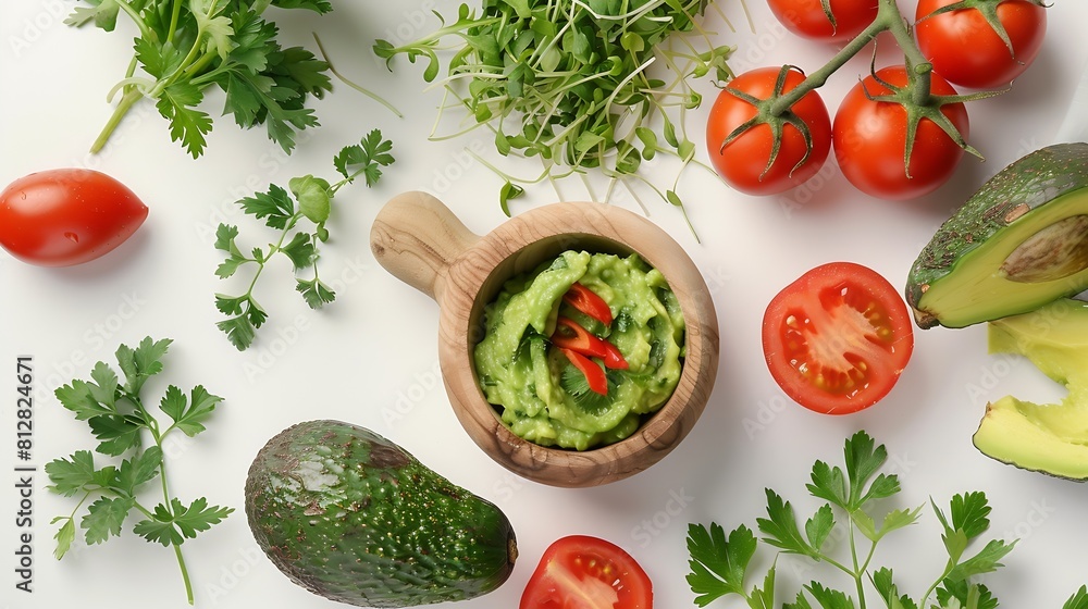 Top view round layout with Haas avocado and tomatoes with fresh greens and wooden mortar for cooking guacamole on white surface : Generative AI Top view round layout with Haas avocado and tomatoes with fresh greens and wooden mortar for cooking guacamole on white surface : Generative AI
