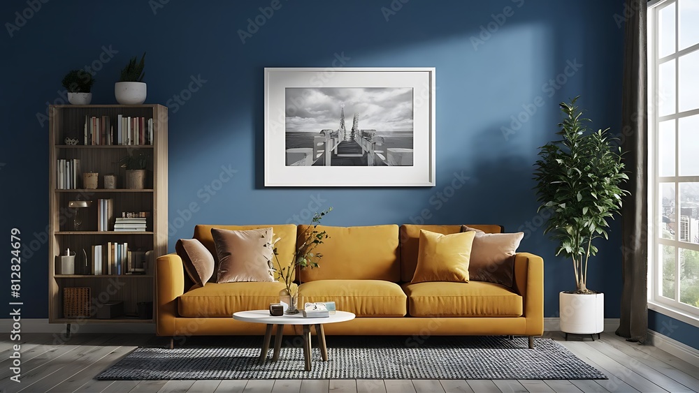 Interior of a modern living room with a sofa, minimalist furniture, natural light background, concept of interior design Interior of a modern living room with a sofa, minimalist furniture, natural light background, concept of interior design