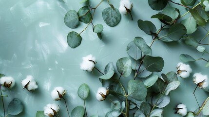 Flowers composition Fresh eucalyptus branches and cotton flowers Flat lay top view : Generative AI