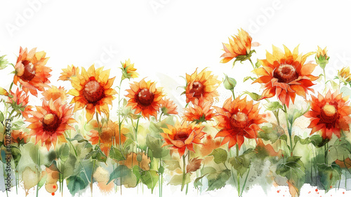 Watercolor Pastel Rose Petals and Lush Green Foliage on White Background with a Distant Field of Sunflowers in Clipart Style