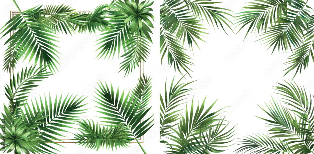 Tropical frame with green palm leaves. Tropical plant branches