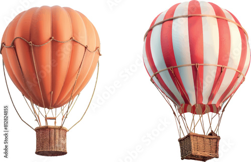 3d isolated hoy air balloon basket. Realistic aerostat set in red, blue and yellow stripe