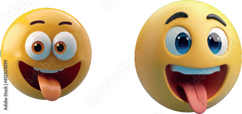 3d render emoji face, smile, show tongue and surprised wow emotions