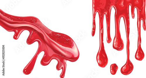 Drips of berry sauce, strawberry jam or fruit syrup. Wavy smears and drops of red liquid ketchup