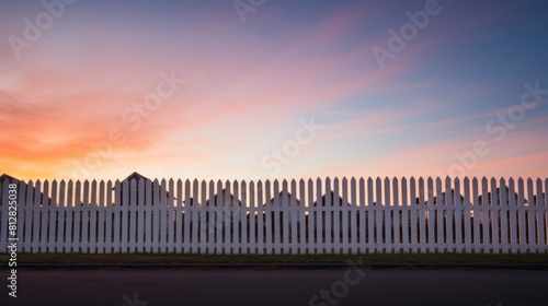 Picket fence in a row vanishing point dimming dusk backdrop