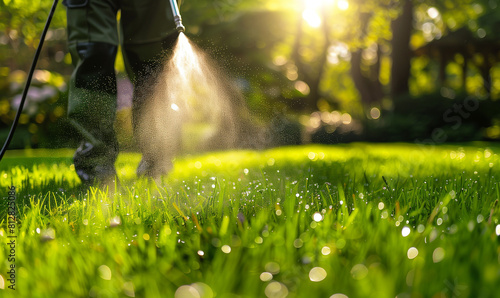 Worker spraying insecticide on green lawn outdoors for pest control photo
