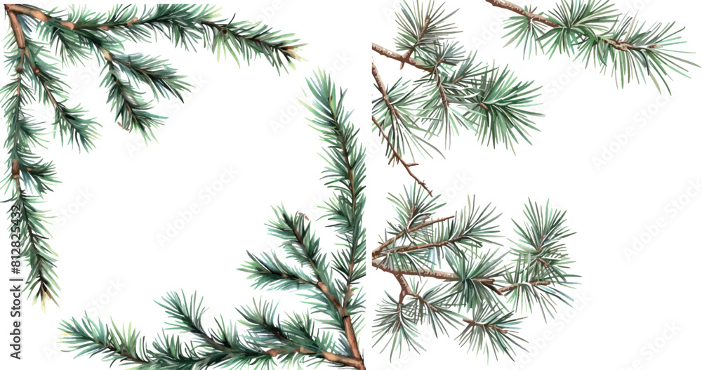 Pine tree branch border realistic vector illustration. Fir twigs with green needles, corner frame