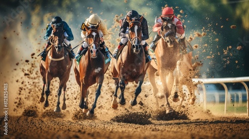 Horses racing in the horse race, with three jockeys riding them and running fast on the dirt track