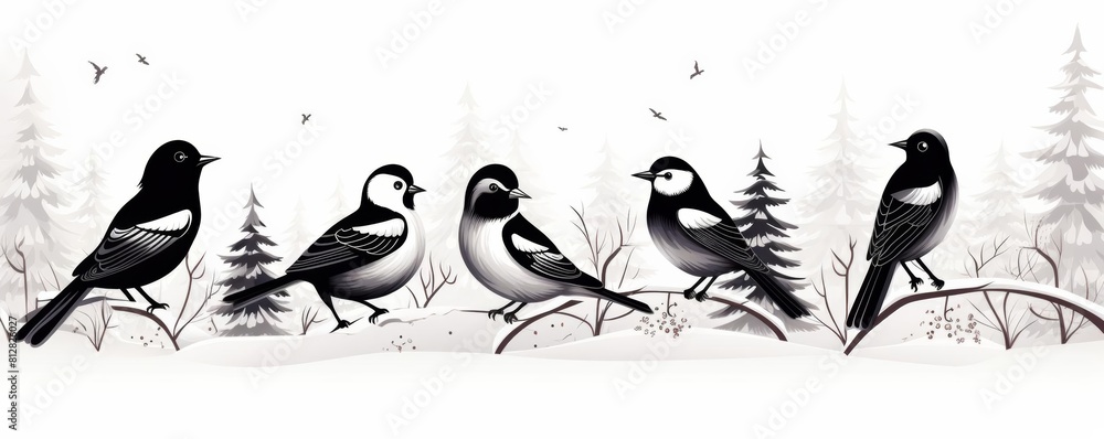 Fototapeta premium Birds in a winter scene flat design front view seasonal theme cartoon drawing black and white