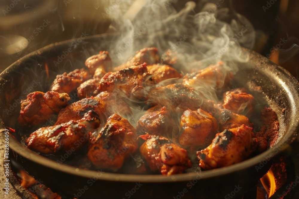 A pan of chicken wings is cooking on a stove, with smoke rising from the pan A pan of chicken wings is cooking on a stove, with smoke rising from the pan