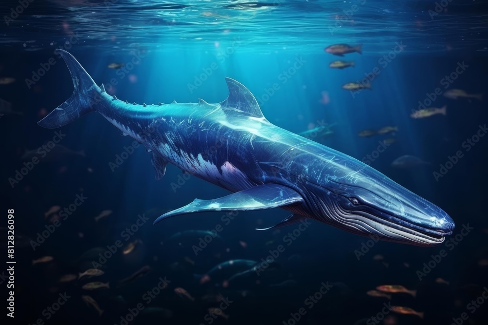 Fototapeta premium Blue whale diving deep underwater flat design side view aquatic exploration theme 3D render Monochromatic Color Scheme