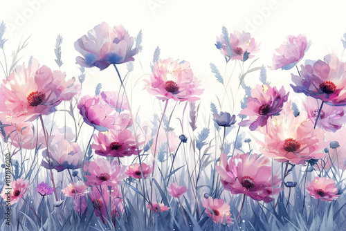A beautiful watercolor showcasing a bunch of peonies with dewy grass on a white background, set against a backdrop of a long field of wildflowers in the style of clipart. The pastel color palette and