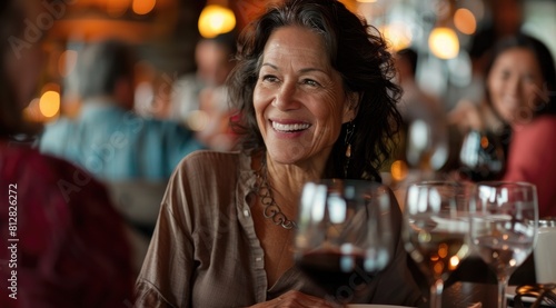 Portrait of smiling mature woman sitting at dining table in restaurant