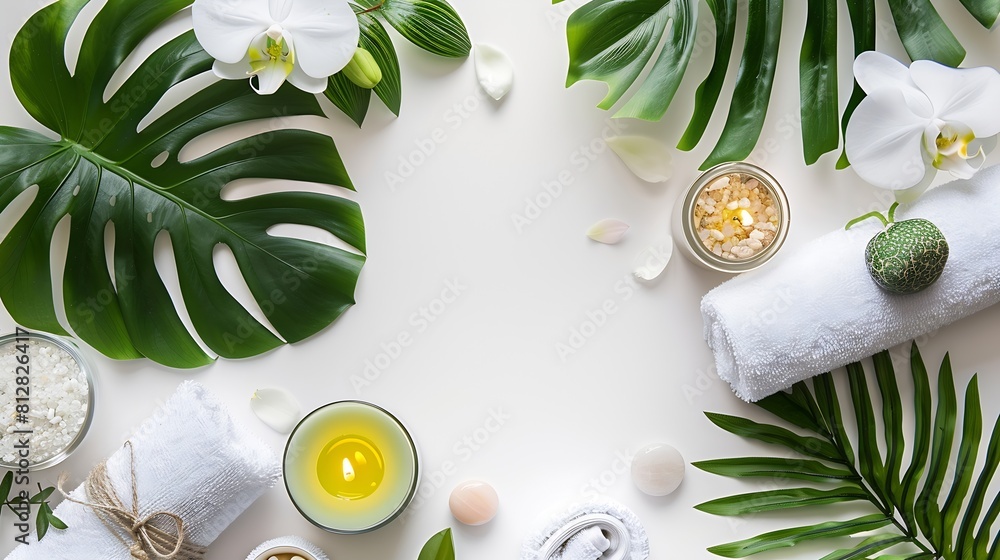 Green spa or wellness layout frame with towels candle tropical leaves orchid flowers succulents and body and face care tools and accessories on white background top view : Generative AI Green spa or wellness layout frame with towels candle tropical leaves orchid flowers succulents and body and face care tools and accessories on white background top view : Generative AI