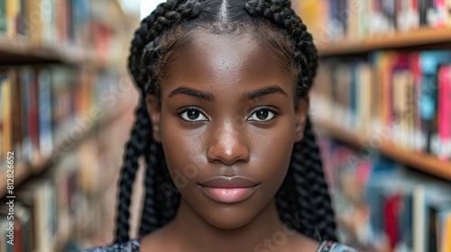 A young black woman is standing in a library surrounded by books and bookshelves