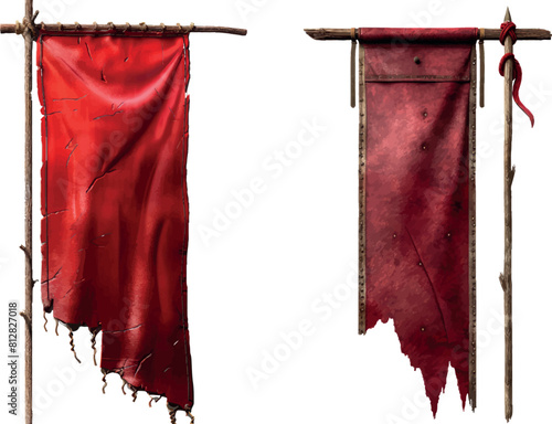 Blank vertical medieval flag mockup game design. Isolated 3d red hanging pennon