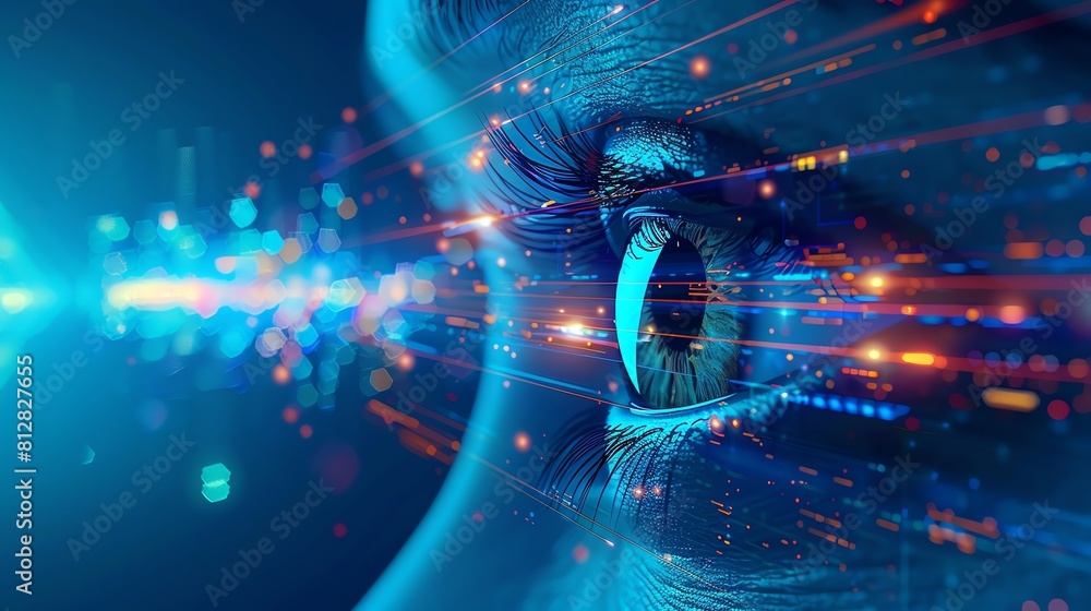 Closeup of an eye with data privacy warning symbols reflected, side view, Data breach, Advanced tone, Analogous Color Scheme Closeup of an eye with data privacy warning symbols reflected, side view, Data breach, Advanced tone, Analogous Color Scheme