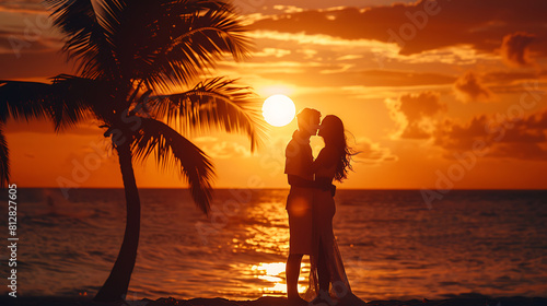 A romantic scene unfolds on a beach  a couple kisses against the backdrop of a setting sun. Palm trees sway in the breeze as waves gently kiss the shore  evoking serene twilight