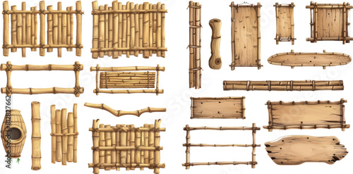 Wooden bamboo sign board frame game ui vector set