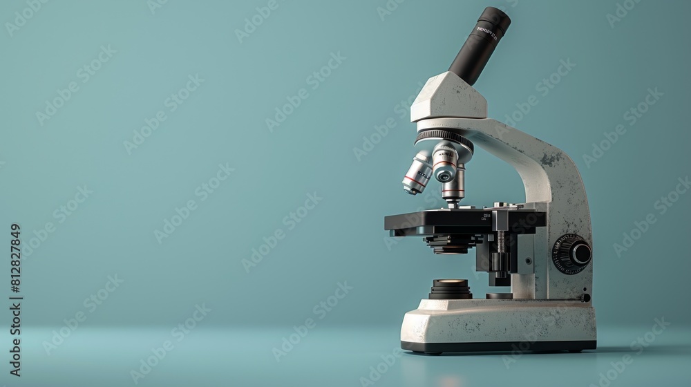 Close-up of a classic microscope on a teal background with soft shadows. Close-up of a classic microscope on a teal background with soft shadows.