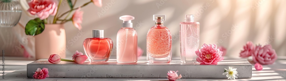Elegant perfume bottles arranged on a concrete podium under natural sunlight, front view, Scent showcase, Technology tone, Complementary Color Scheme Elegant perfume bottles arranged on a concrete podium under natural sunlight, front view, Scent showcase, Technology tone, Complementary Color Scheme
