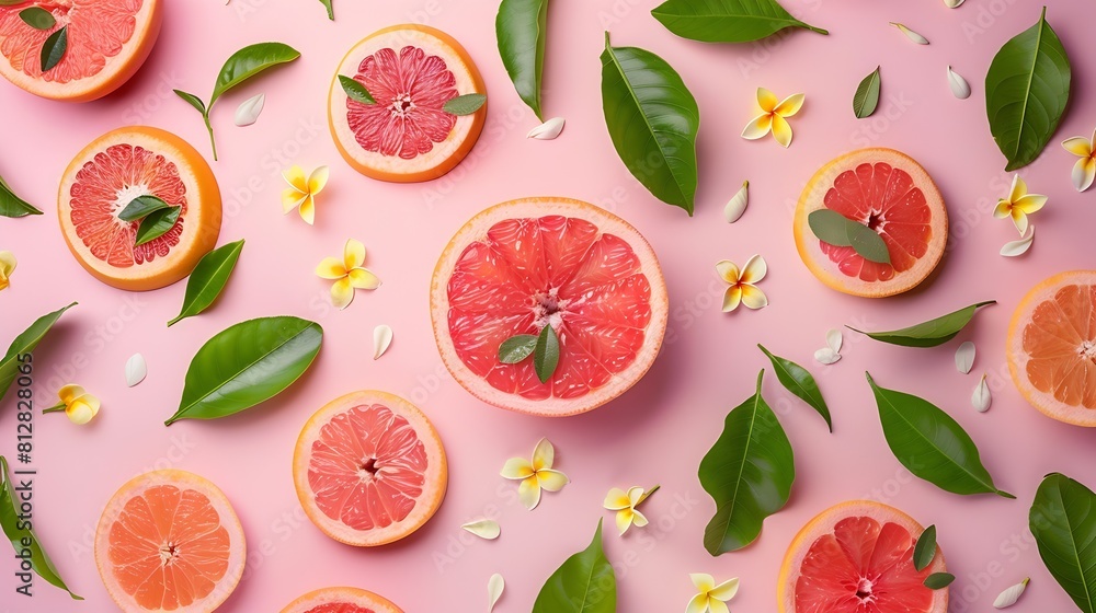 Creative layout made of grapefruit exotic flowers and green leaves on the pink background Flat lay Food concept : Generative AI Creative layout made of grapefruit exotic flowers and green leaves on the pink background Flat lay Food concept : Generative AI