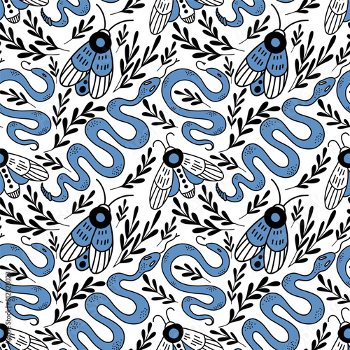 Witchcraft Seamless pattern. Mystical hand drawn background. Moth, Snakes, twigs and leaves in doodle boho style drawing. Astrology occult symbols.