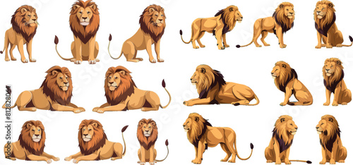 Lion wild african animal isolated set. Proud powerful leo king, mammal, wild jungle cat in various poses standing, sitting, lying, hunting