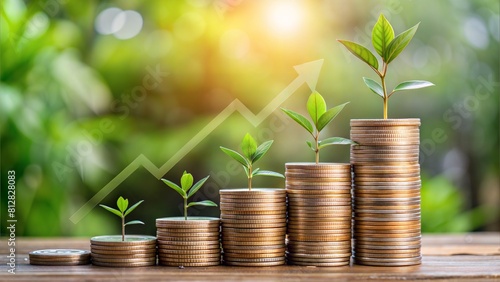 Coins with Financial Growth Arrow and Plant: A photo of coins arranged next to a growth arrow and a plant, symbolizing financial growth, investments, and wealth accumulation over time.	
