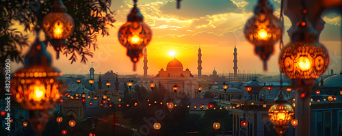 golden glow of mosque tower and lantern hanging from tree against blue sky