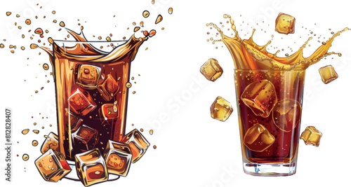 Splash cola, soda, cold tea or coffee with ice cubes