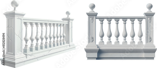 White stone or marble balustrades with pillars, columns, balusters and handrails