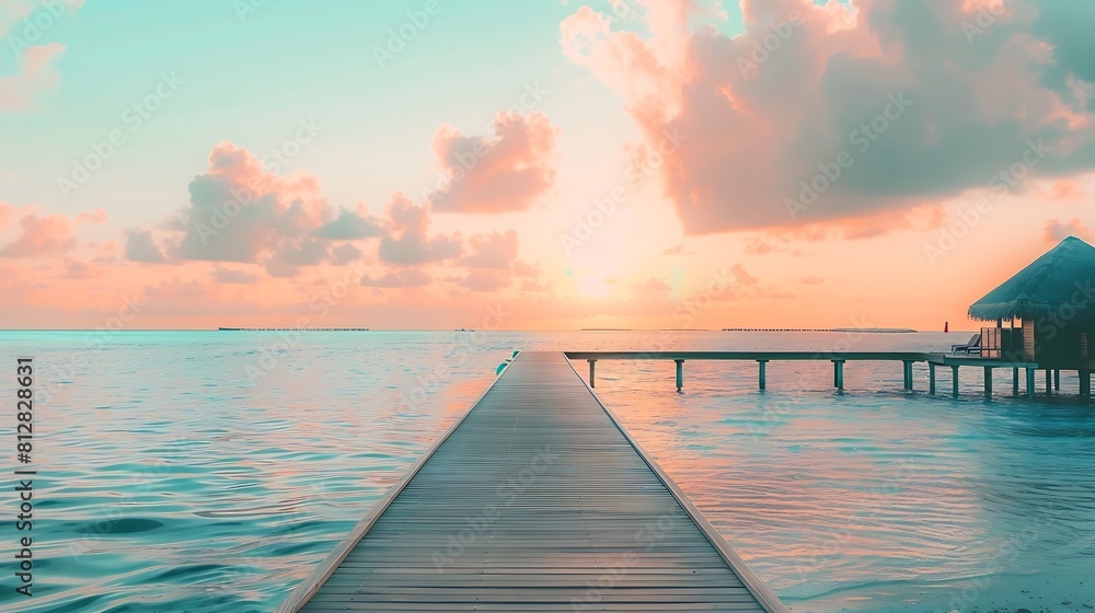 Obraz premium Amazing tranquil travel Maldives island luxury over water villas pier resort Beautiful sunny sky sea bay lagoon beach background Summer vacation holiday Paradise shore exotic pristine : Generative AI
