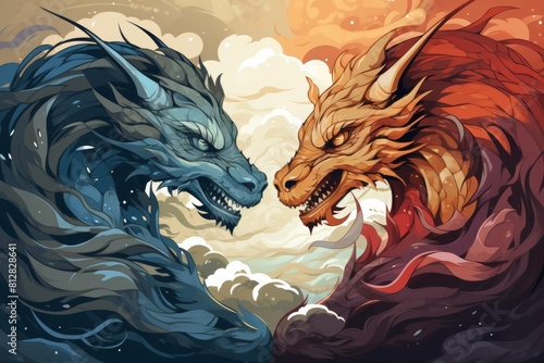 Dragon battle in a storm flat design side view conflict theme animation Triadic Color Scheme