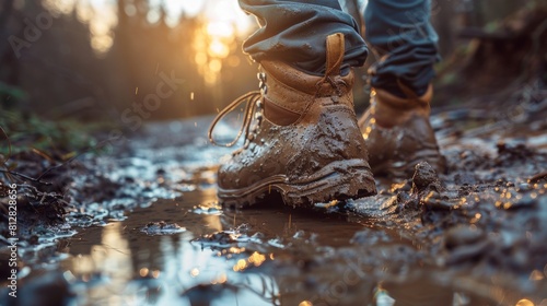 Close-up of muddy hiking boots on wet trail in evening light