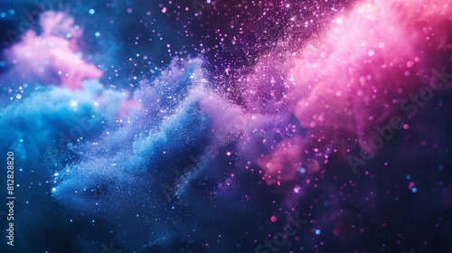 Vibrant cosmic dust clouds in blue and pink colors on a dark space background. Digital artwork for design and wallpaper.