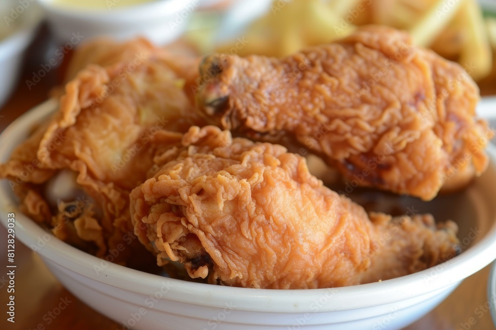 Closeup of juicy, golden fried chicken served in a white bowl Closeup of juicy, golden fried chicken served in a white bowl