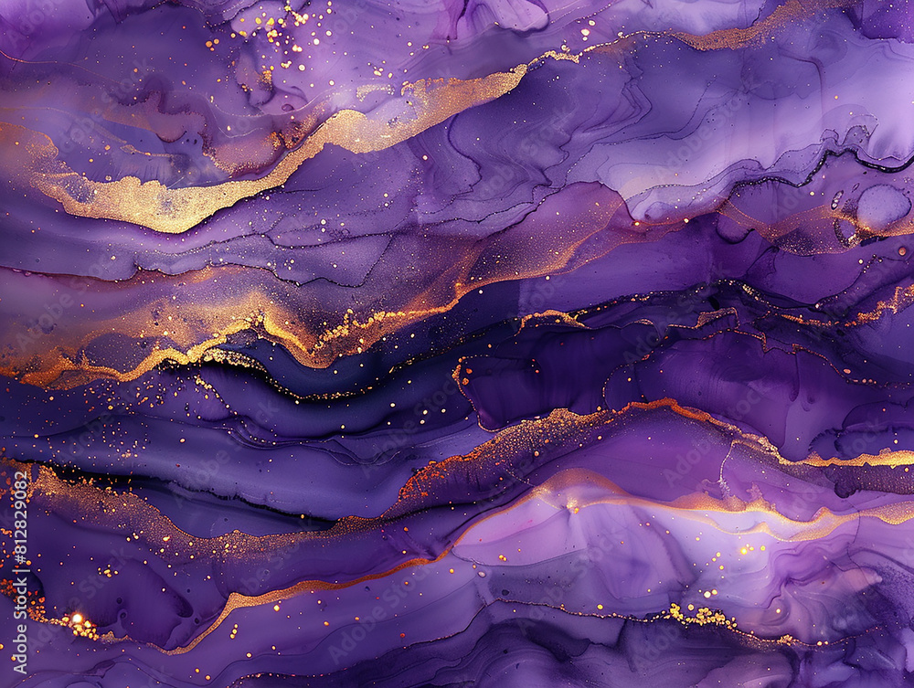 Luxury purple and gold stone marble texture. Alcohol ink technique abstract background. Modern paint with glitter. Template for banner, poster design. Fluid art painting  