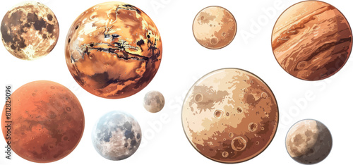 Planets of solar system Mars, Mercury and Moon with detailed surface