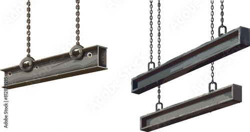 Steel beams, straight metal industrial girder pieces hanging on chains for construction and building works crane lifting iron balks