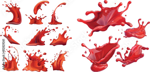 Splashes of red tomato juice, blood or lava. Vector realistic set of flying liquid ketchup, sauce, paint or molten magma