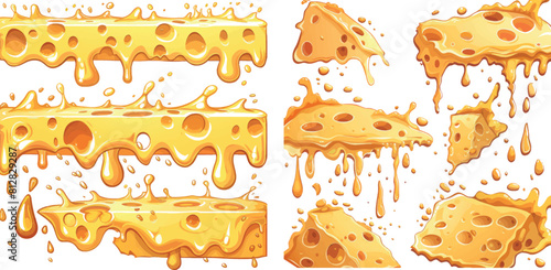 Vector cartoon borders of hot cheddar, parmesan or holland cheesy slices with holes and molten liquid drops