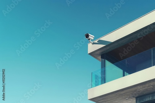 A security camera mounted on the front porch of a modern home with a clear blue sky in the background