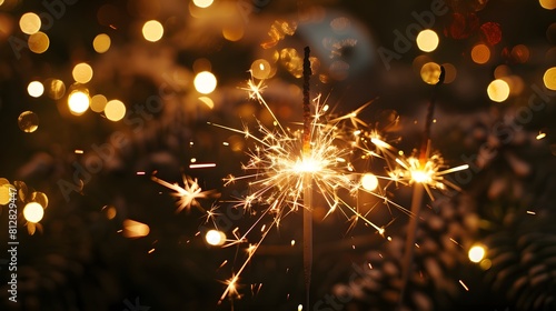 Closeup of sparklers burning on New Year's Eve, with bokeh lights in the background. 