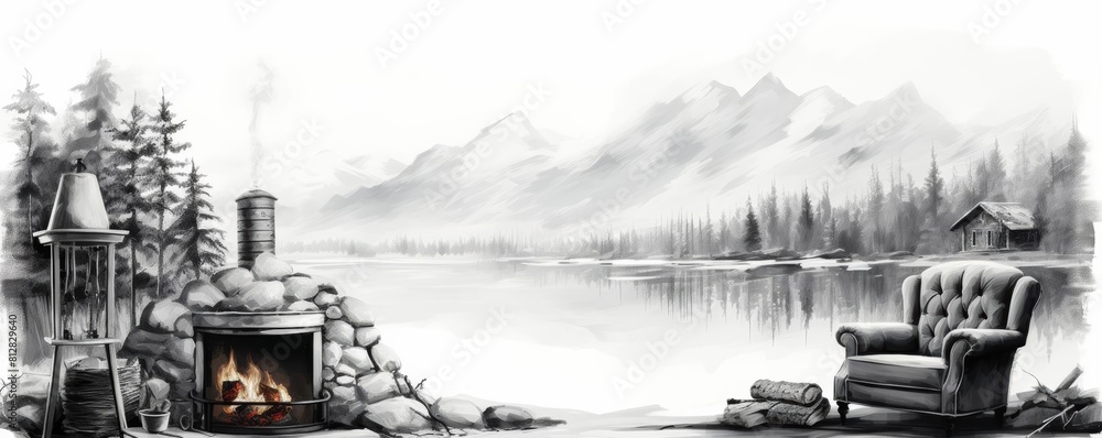 Fireplace in a cozy winter cabin flat design front view relaxing theme water color black and white Fireplace in a cozy winter cabin flat design front view relaxing theme water color black and white